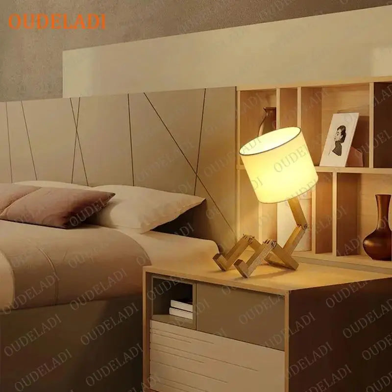 Afralia™ Robot Shape Wooden Table Lamp with E14 Lamp Holder for Indoor Study Night Light