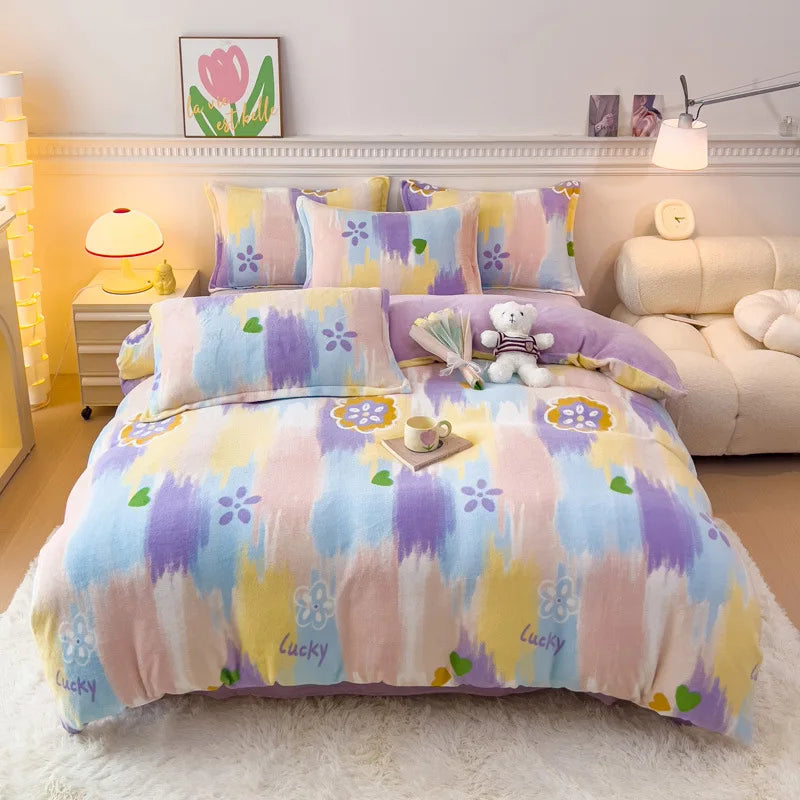 Afralia™ Winter Cartoon Crystal Velvet Bedding Set - Queen Size Warm Duvet Cover