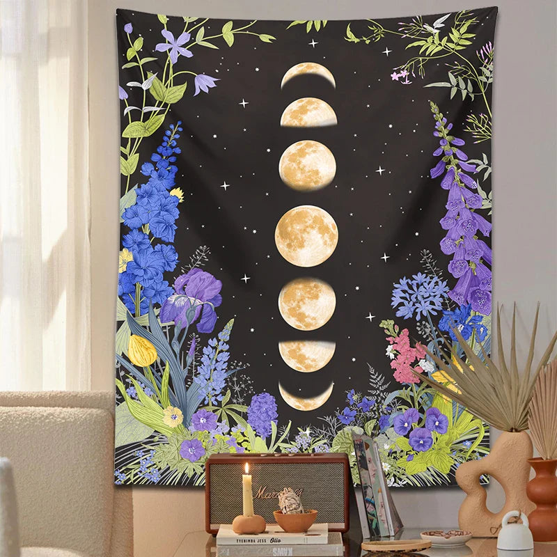 Afralia™ Moon Phase Purple Plant Star Floral Wall Tapestry