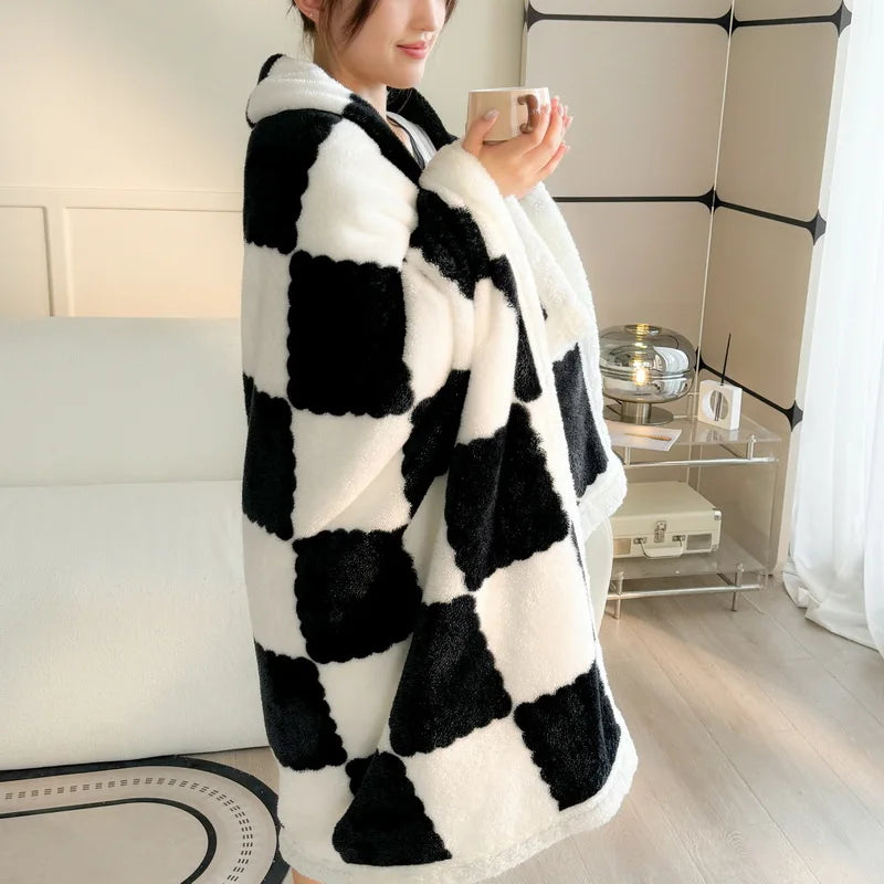 Afralia™ Velvet Checkerboard Blanket - Double Layered Thick Coral Fleece Sofa Cover
