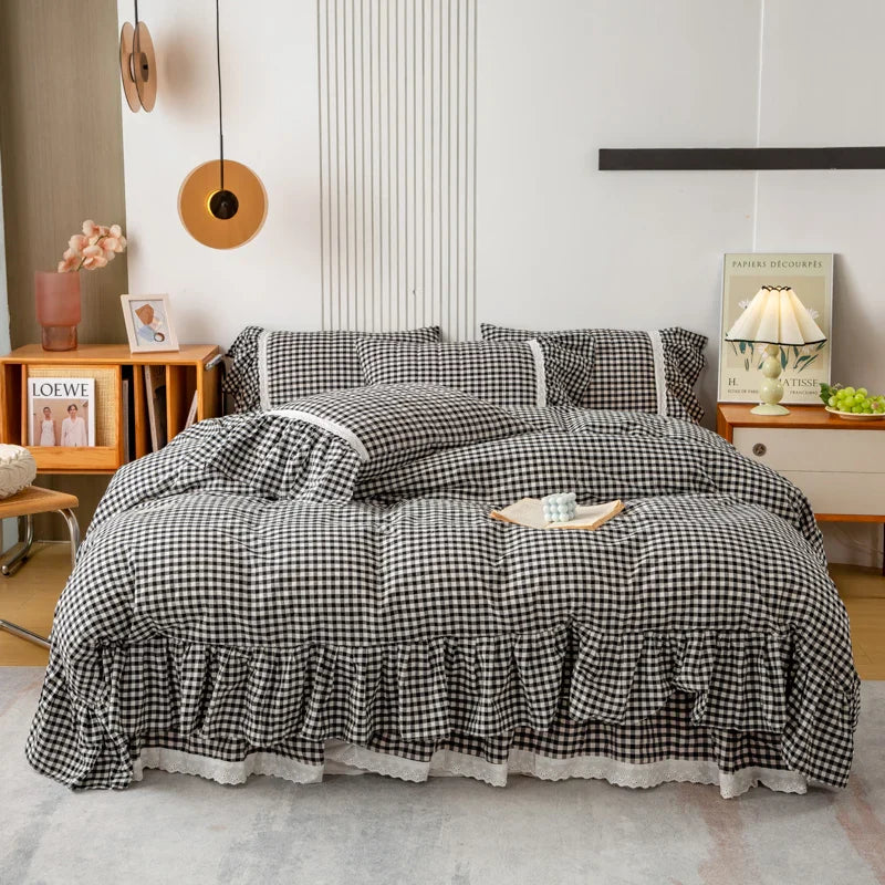 Afralia™ Cotton Plaid Stripe Ruffles Bedding Set with Lace Accents
