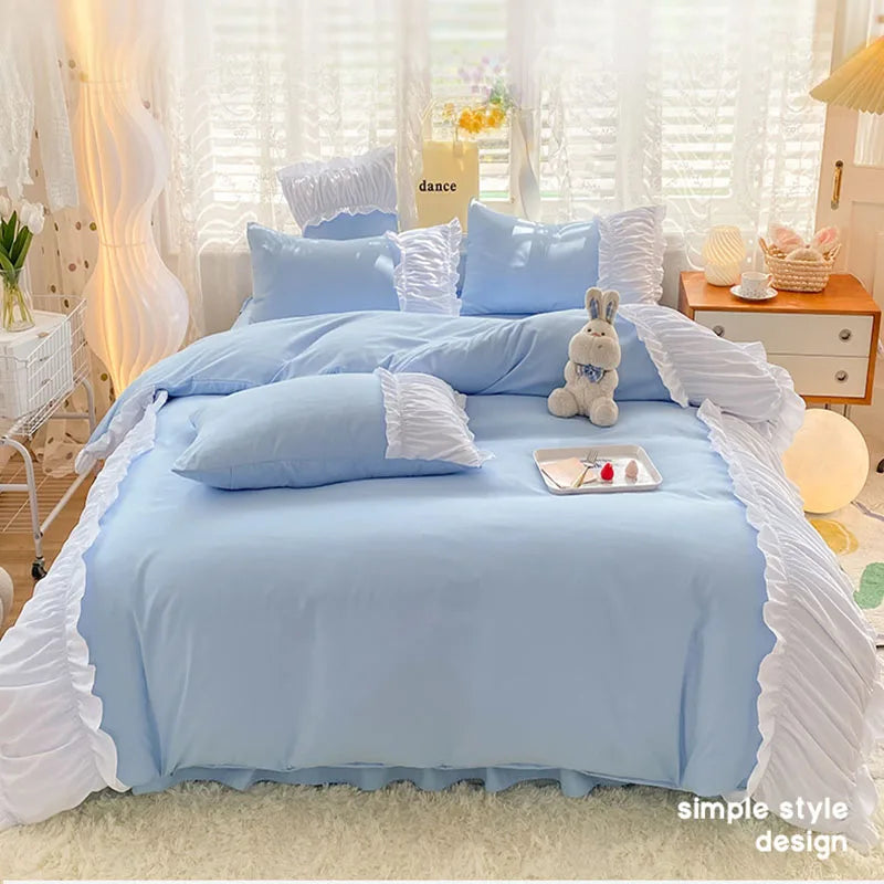 Afralia™ Lace Trim Bedding Set Queen/King Size Comforter Sets Solid Color Bed Skirt