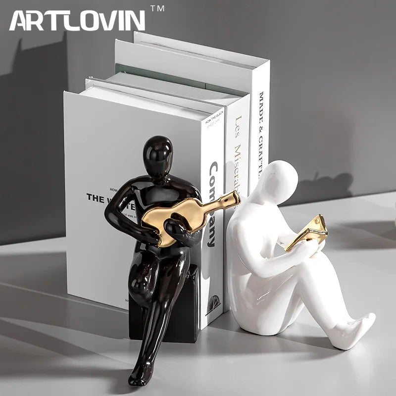Afralia™ Abstract Nordic Style Ceramic Character Bookends Set for Office Bookcase Decor