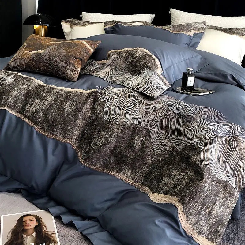 Afralia™ Luxury Egyptian Cotton Bedding Set in Blue/Grey, 1200TC, Embroidered Modern Art