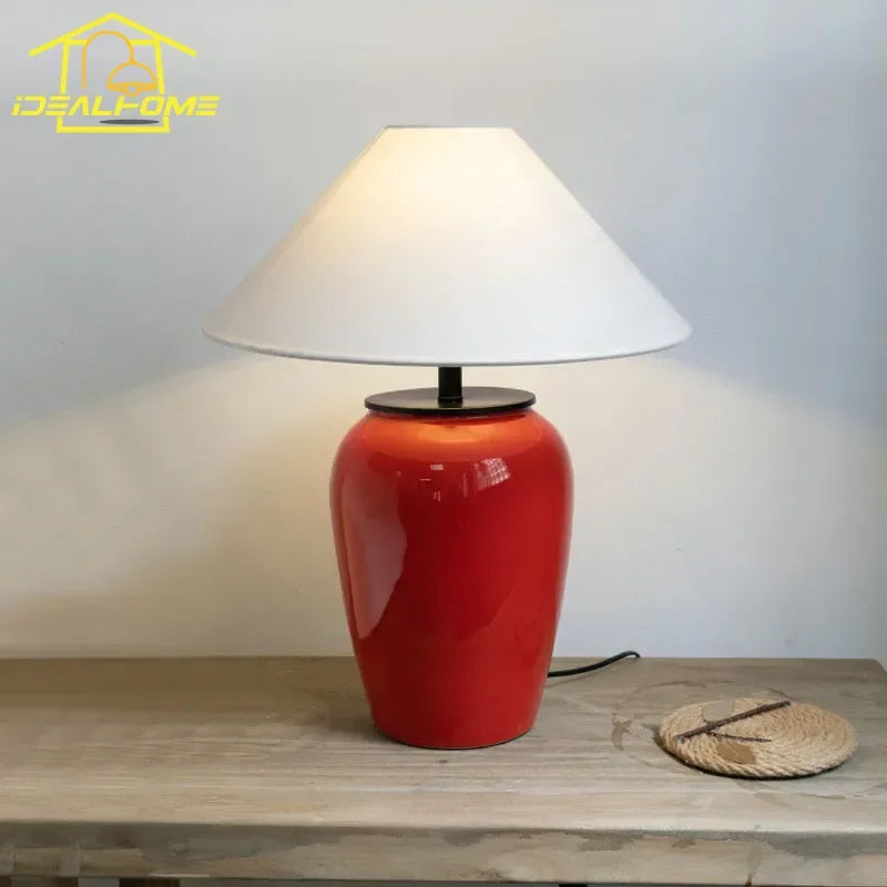Afralia™ Red Ceramic Table Lamp LED E27 Fabric Lampshade - Art Decor for Home Decor