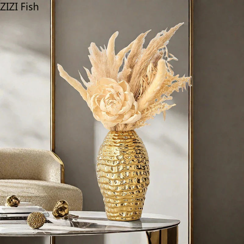 Afralia™ Golden Wrinkle Ceramic Vase - Desk Decoration, Gold-plated Floral Pots for Aesthetic Room Decor