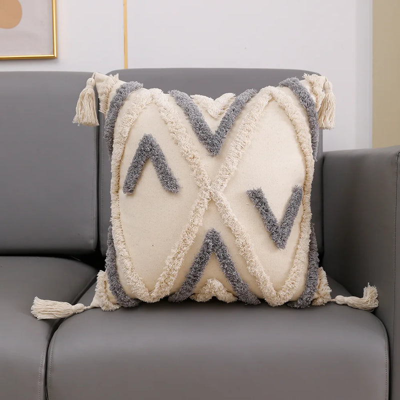 Afralia™ Grey Geometric Tufted Cushion Cover with Fringe, Home & Car Decor Pillow Cover