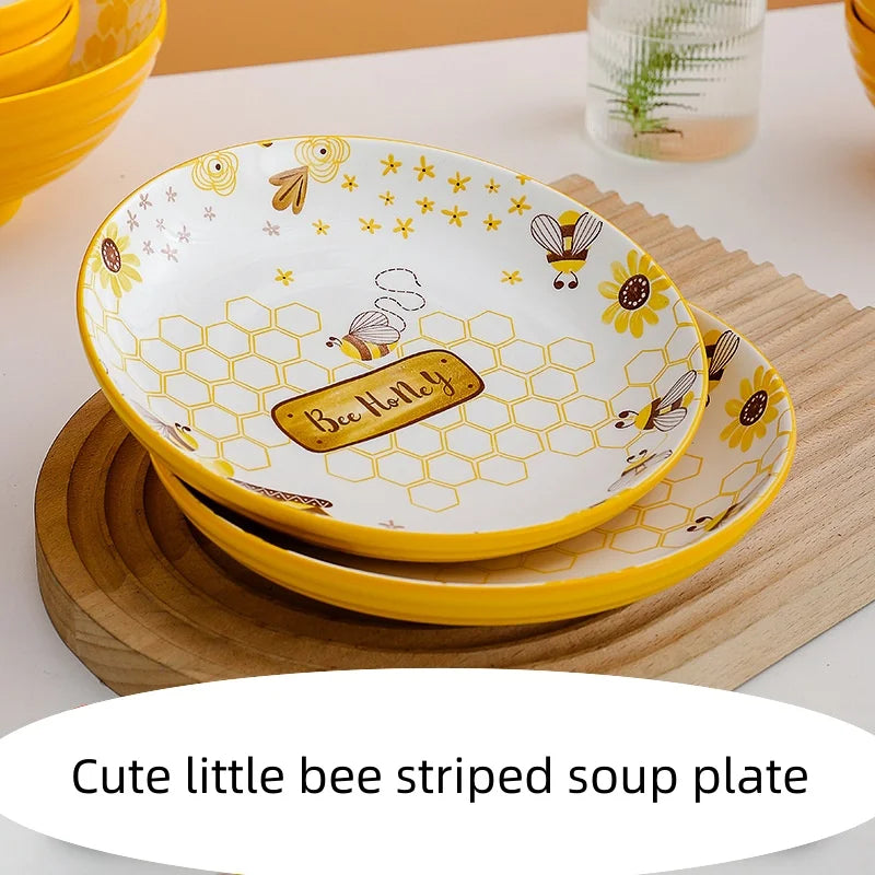 Afralia™ Hand-Painted Ceramic Little Bee Round Plate | Fruit Tray Dessert Dish Tableware