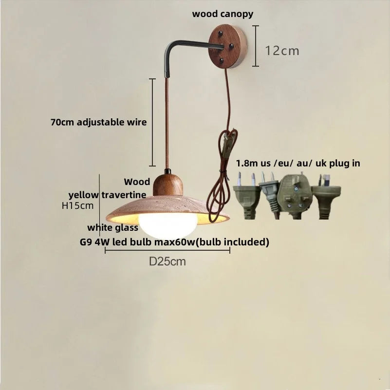 Afralia™ Wood Canopy LED Wall Sconce Yellow Travertine Stone Pull Chain Switch