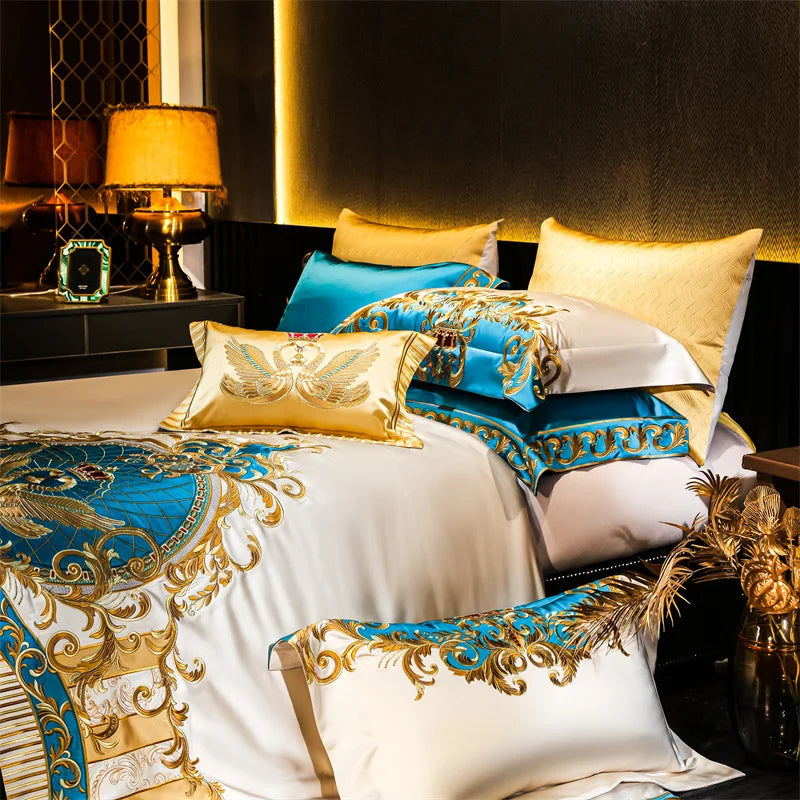 Afralia™ Embroidered Gold Blue Brocade Cotton Bedding Set with Duvet Cover, Sheets, Pillowcases