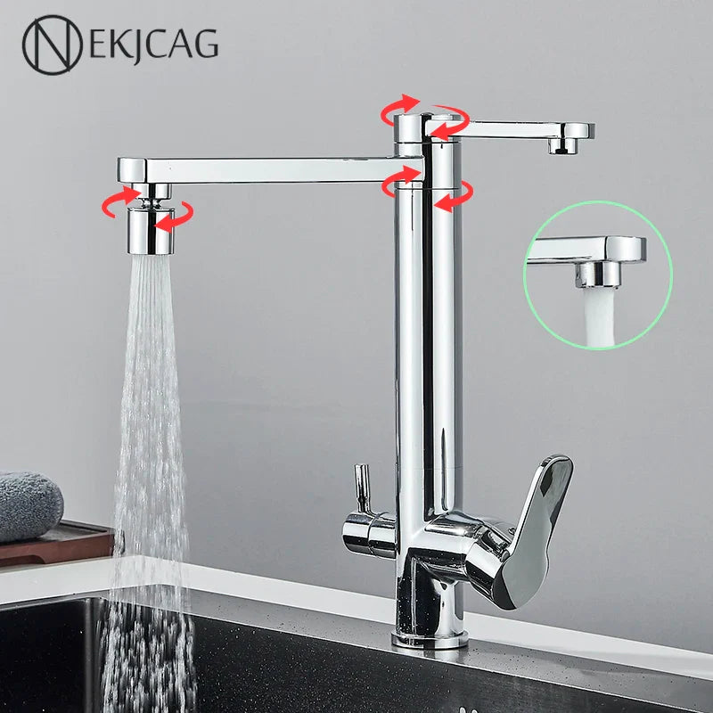 Afralia™ Chrome Dual Handle Dual Spout Kitchen Faucet - 360° Swivel Mixer Tap