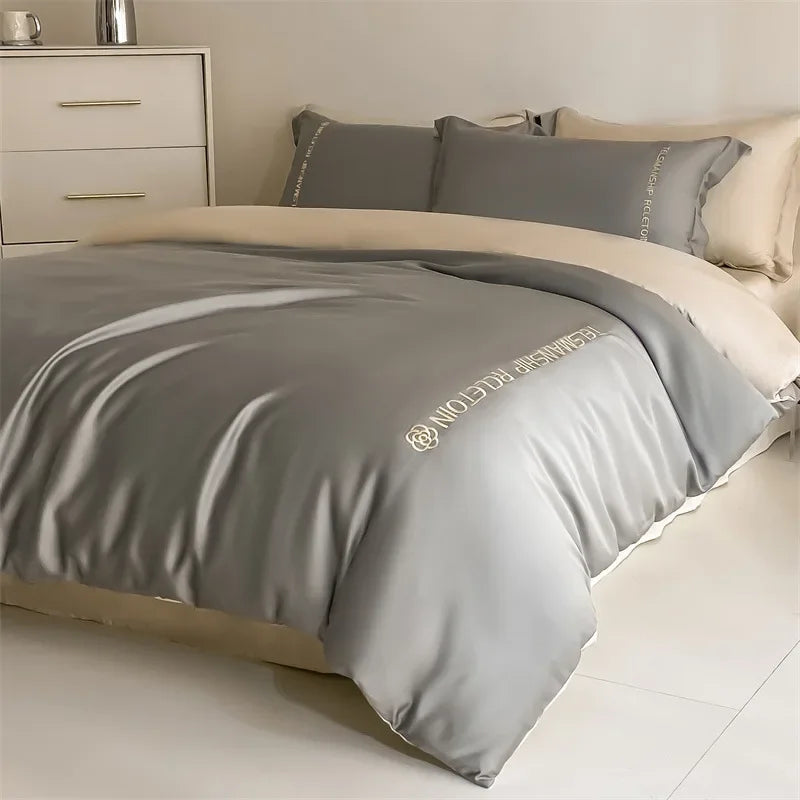 Afralia™ Cotton Embroidery Bedding Set, 4Pcs Duvet Cover Kit for Double Bed