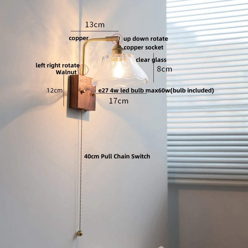 Afralia™ Clear Glass LED Wall Light Walnut Bedside Lamp Modern Rotatable Brass Wall Lights