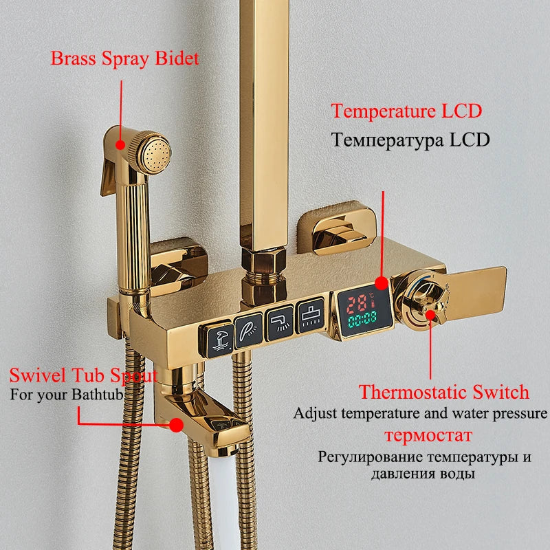 Afralia™ Digital Display Thermostatic Shower Faucet Set with Rain Shower Column, Black