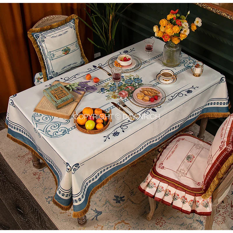 Afralia™ Mediterranean Blue & White Ceramic Print Velvet Tablecloth