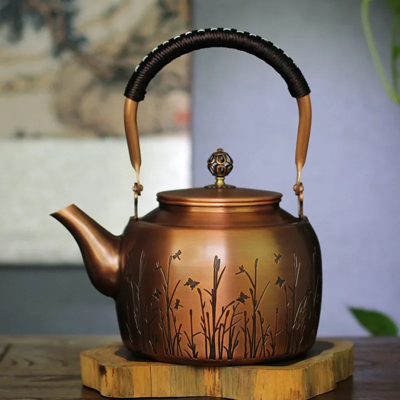 Afralia™ Vintage Copper Teapot 2L Gas Stove Charcoal Boiler Tea Set