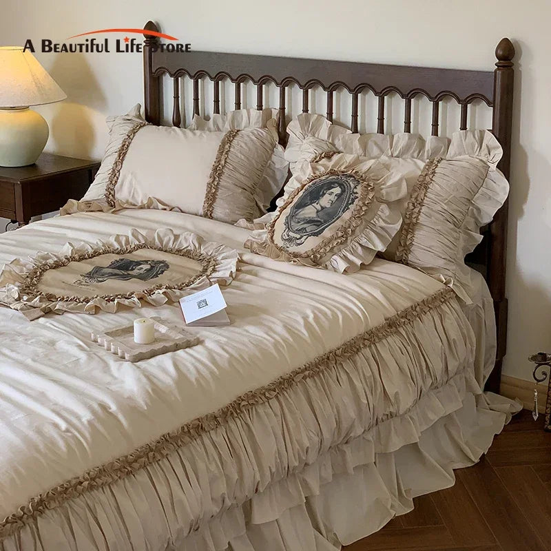 Afralia™ French Lace Ruffles Vintage Bedding Set, 100% Cotton, Queen/King, 4Pcs