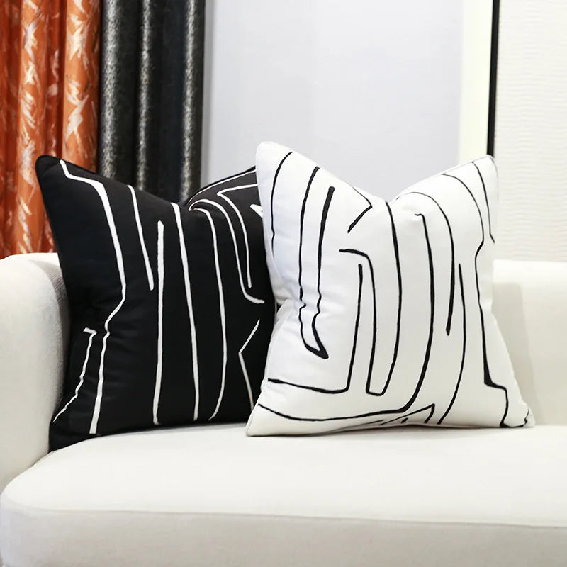 Afralia™ Nordic Light Luxury Cushion Cover Black White Line Print 50*50cm