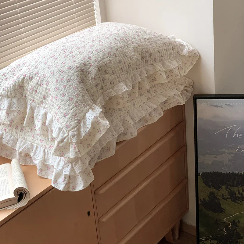 Afralia™ Korean Princess Floral Lace Ruffles Bedspread Set with 100% Cotton Quilting