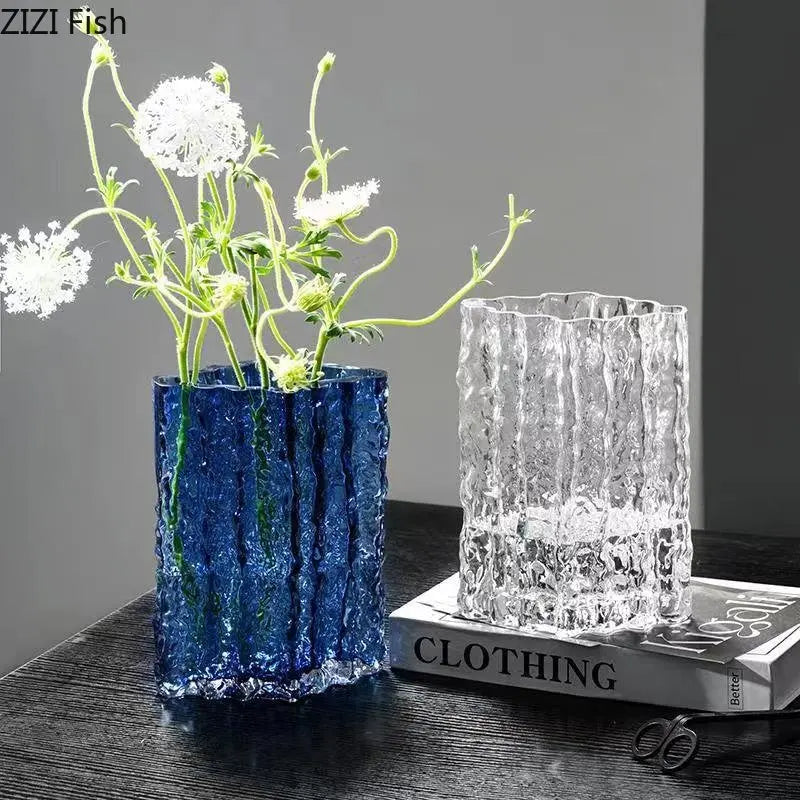 Afralia™ Clear Ice Vase for Hydroponic Flowers Desk Decor Bouquets Minimalist Floral Arrangement Modern Glass Pot