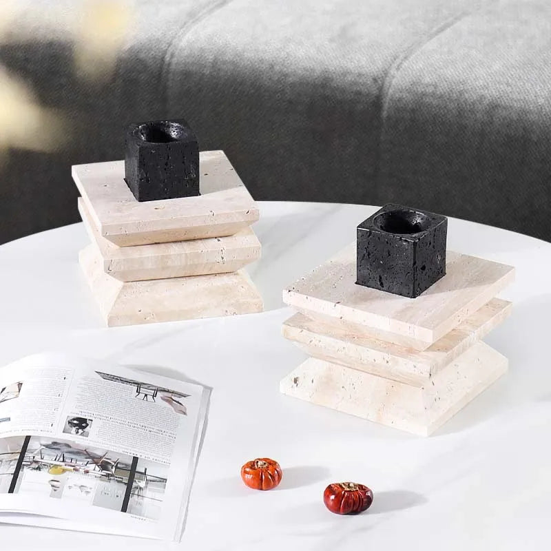 Travertine Marble Candle Holder by Afralia™ - Elegant Table Centerpiece & Home Decor