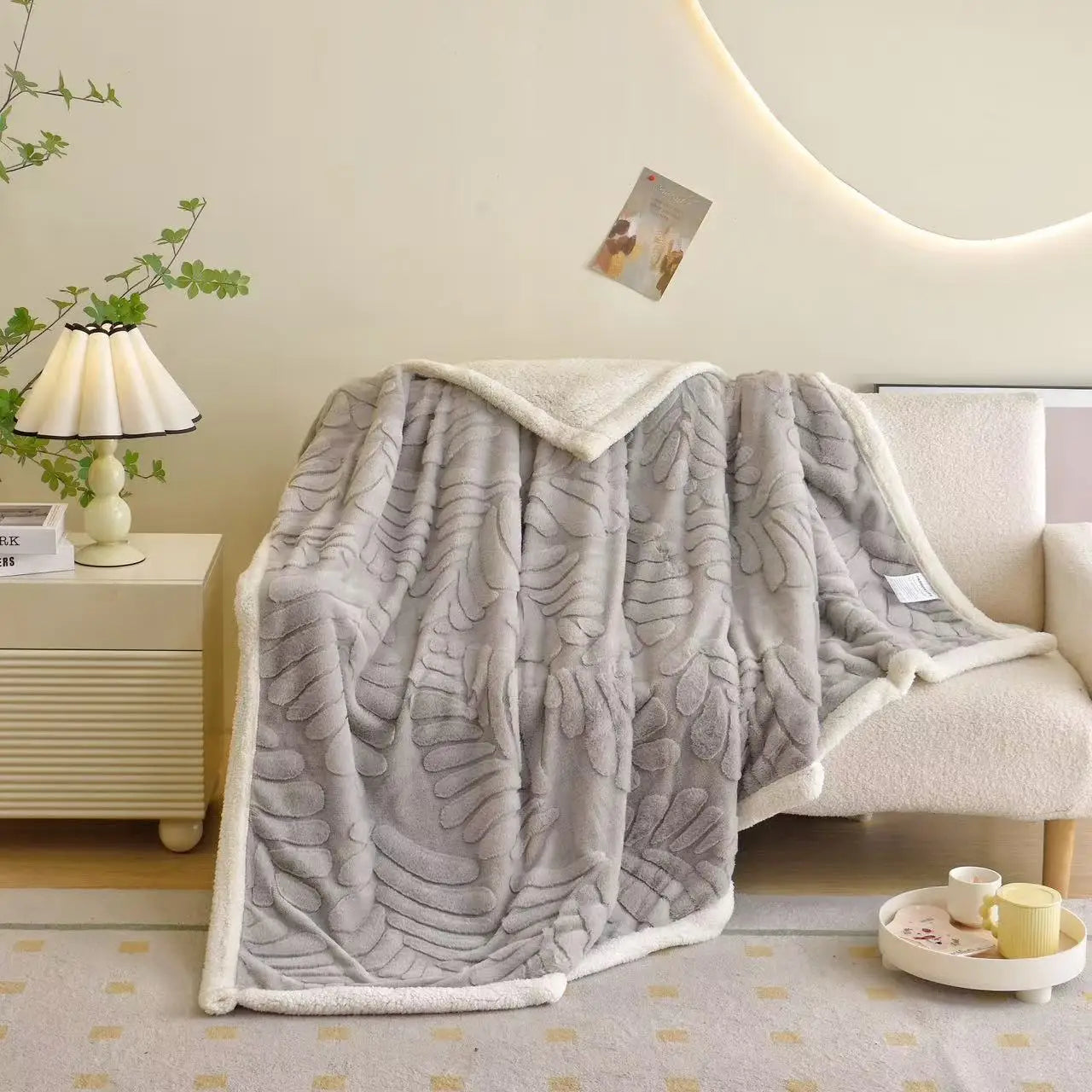 Afralia™ Banana Leaf Jacquard Faux Rabbit Fur Double Layer Lamb Bedspread