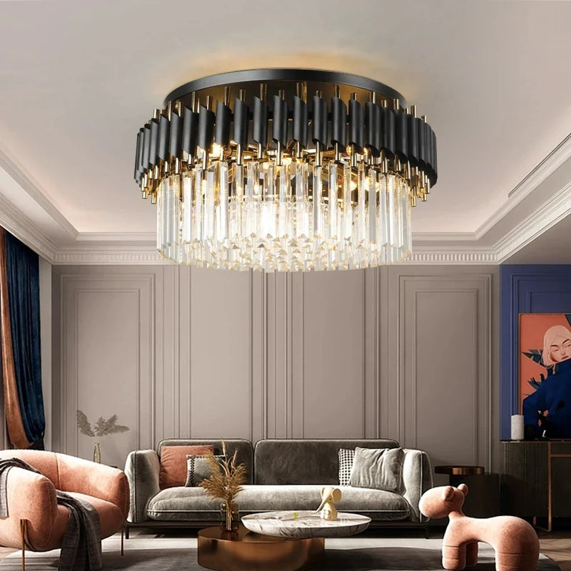 Afralia™ Gold Black Crystal Ceiling Chandelier - Round LED Pendant for Living Room Lighting