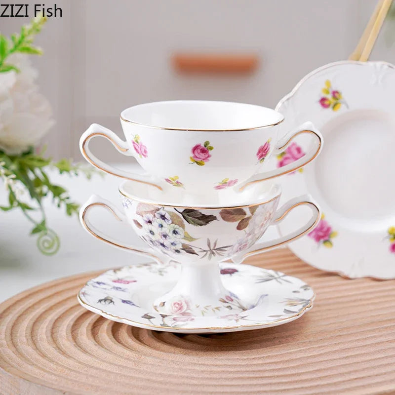 Afralia™ Gold Flower Porcelain Goblet Cup Tea Coffee Mug Juice Cup