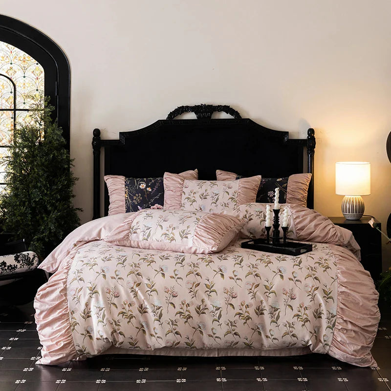 Afralia™ Vintage Rose Print Ruffles Bedding Set: 800TC Egyptian Cotton, Duvet Cover, Sheet, Pillowcases