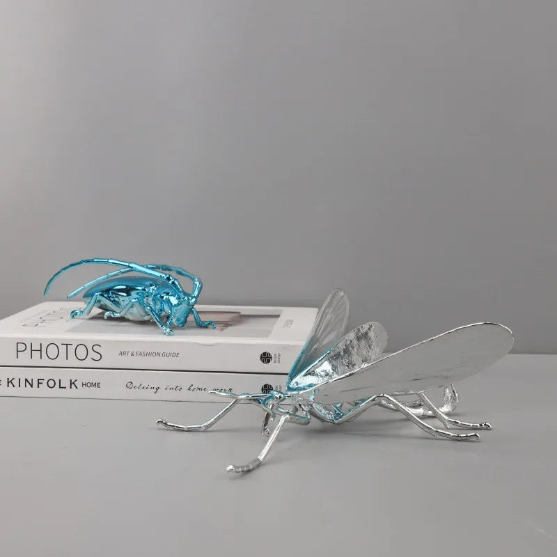 Afralia™ Silvery Insect Dragonfly Unicorn Beetle Figurines for Home Decoration