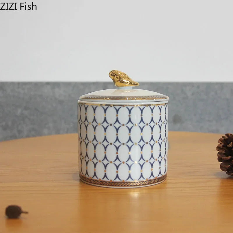 Afralia™ Gold Plated Ceramic Storage Jar with Candle Cup Cosmetic Containers Desk Decoration