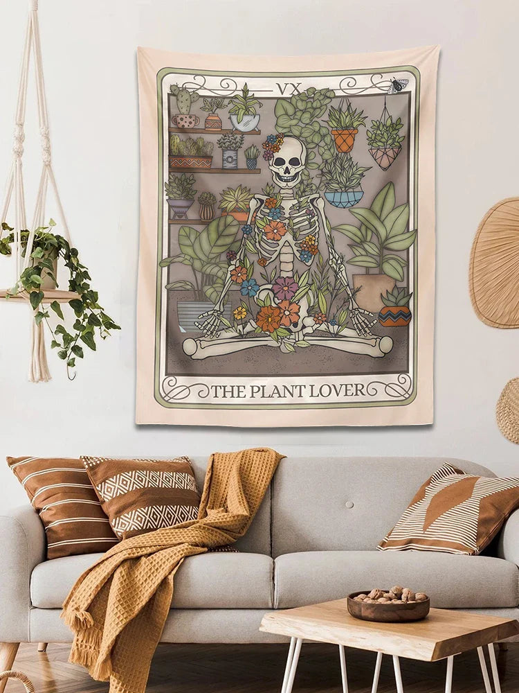 Afralia™ Plant Lover Tarot Card Tapestry | Botanical Skeleton Witch Wall Hanging