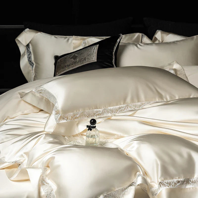 Afralia™ Luxe Brocade & Egyptian Cotton Bedding Set with Hollow Lace Edge