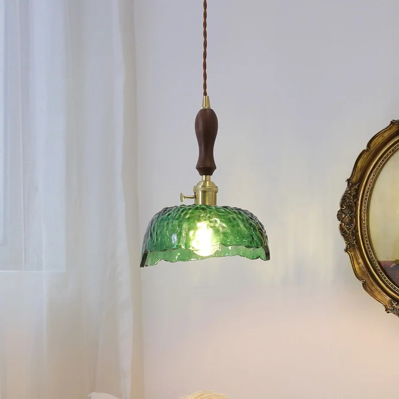 Afralia™ Green Glass LED Pendant Lamp with Knob Switch, Copper Chandelier