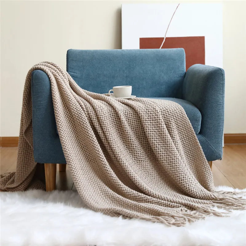 Afralia™ Cozy Nordic Knit Sofa Blanket with Tassels & Fleece Throw