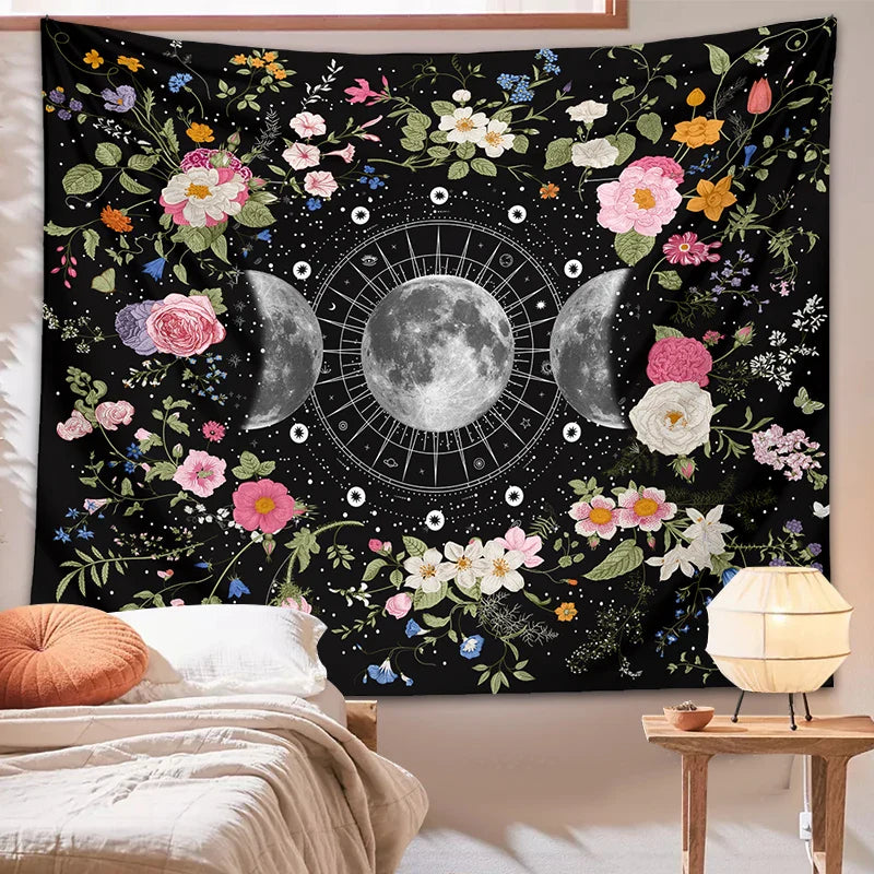 Bohemian Botanical Triple Moon Tapestry by Afralia™