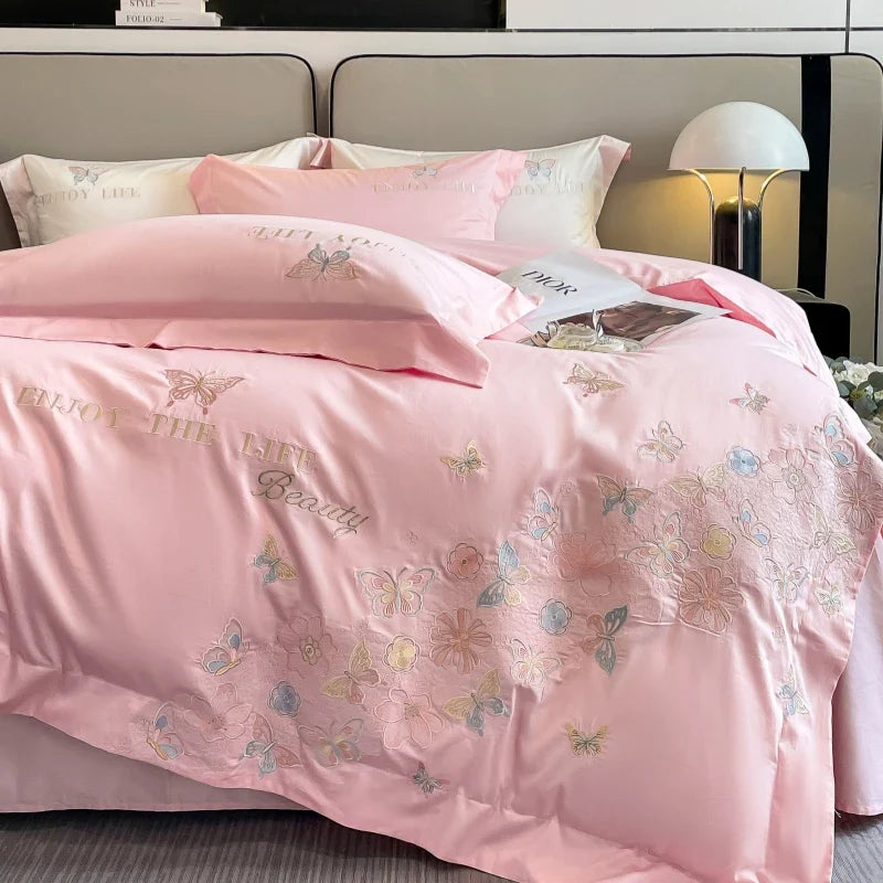 Afralia™ Luxury Butterfly Flowers Embroidery White/Pink Bedding Set