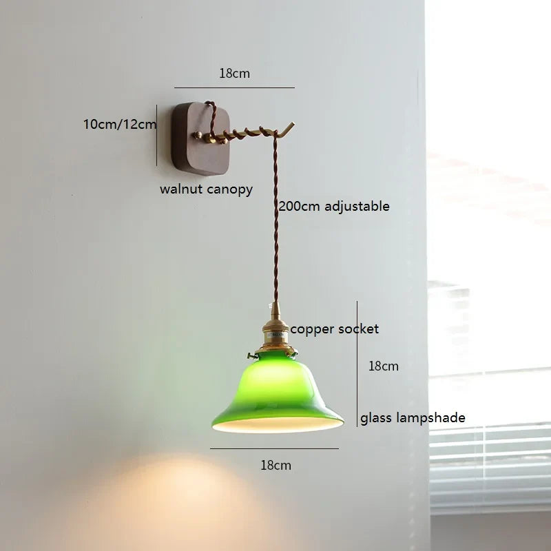 Afralia™ Walnut Canopy Green Glass LED Wall Light Fixture Hardwire Pull Chain Switch