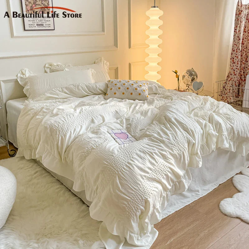 Afralia™ Seersucker Ruffled Duvet Cover Set - Soft Green Pink Grey Bedding