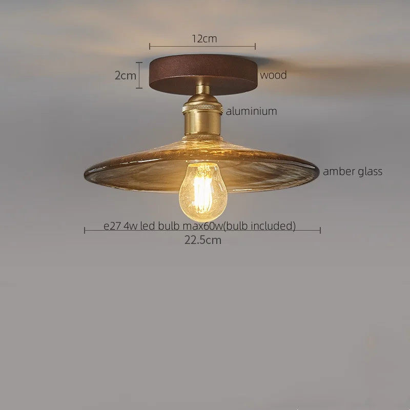 Afralia™ Amber Glass LED Ceiling Light: Modern Aluminum Wood Kitchen Balcony Room Lamp