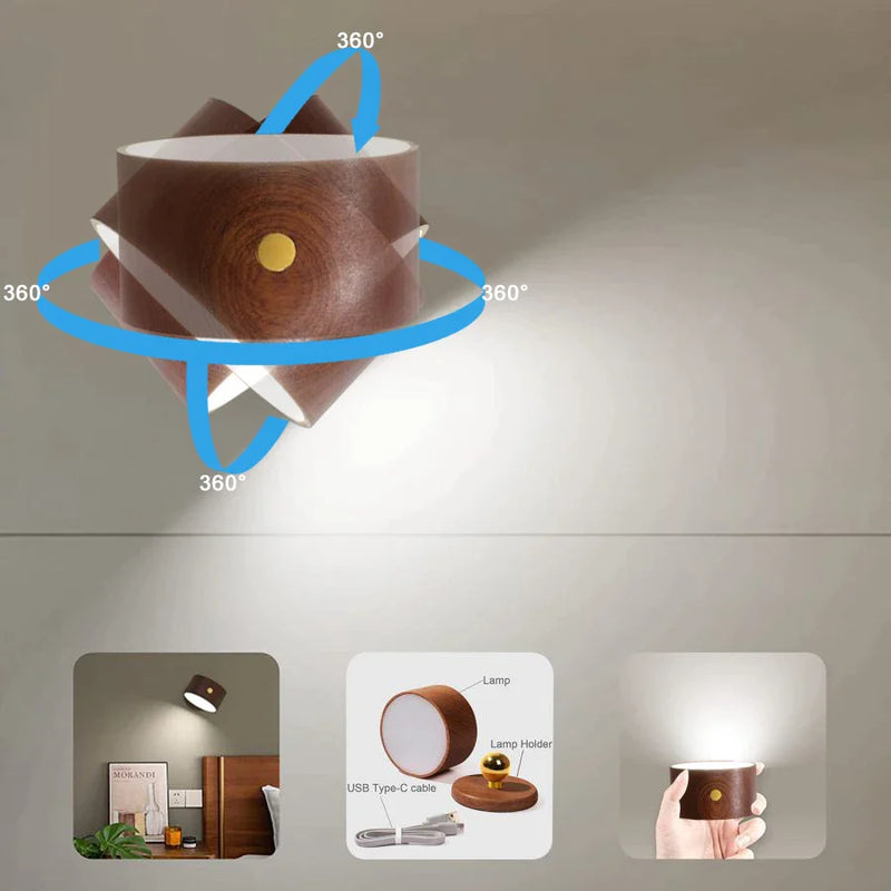 Afralia™ Wood Wall Lamp Night Light USB Rechargeable Touch Dimming 360°Rotate Eye Protection