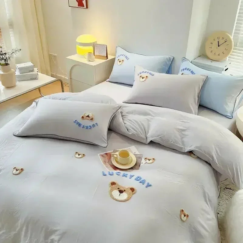 Afralia™ Cute Bear & Sheep Embroidery Bedding Set for Single/Double Bed