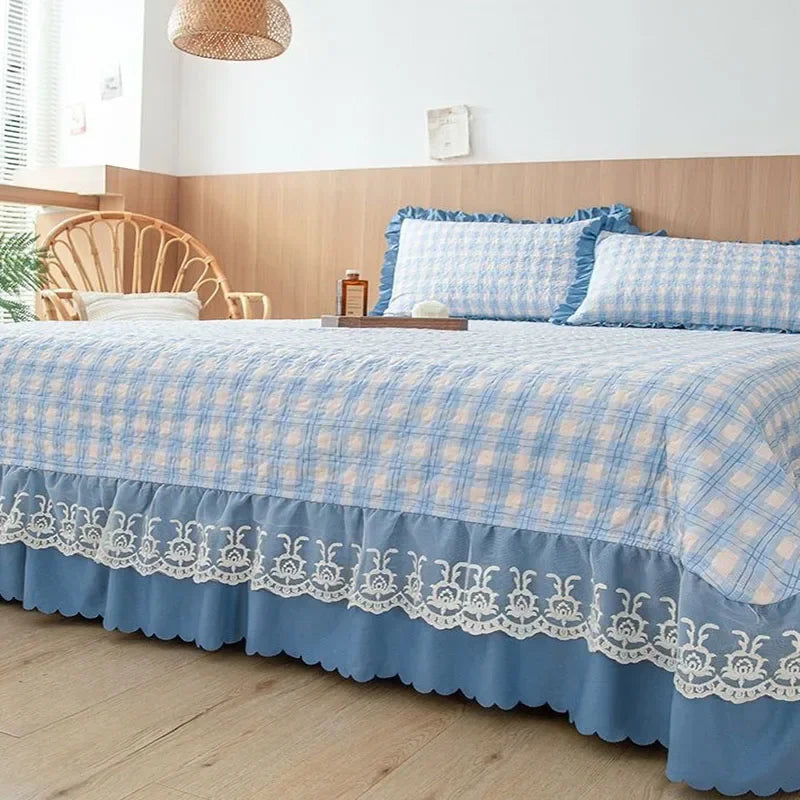 Afralia™ Oversized Printed Bed Skirt Pad Cover with Lace Edge, Cotton Mattress Topper