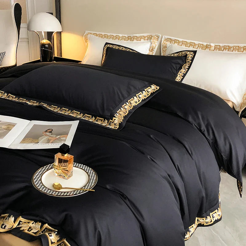 Afralia™ Luxury Black Gold Embroidery Bedding Set - Queen King Size Bed Linen Pillowcases