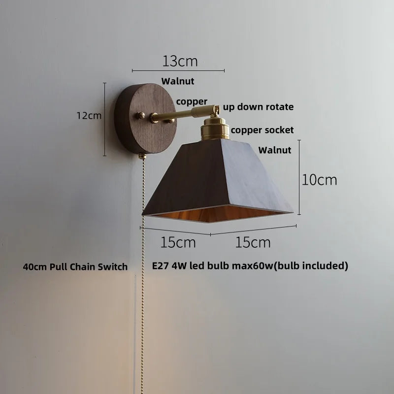 Afralia™ Copper Lampshade LED Wall Sconce Pull Chain Switch Nordic Modern Walnut Wood Mirror Light