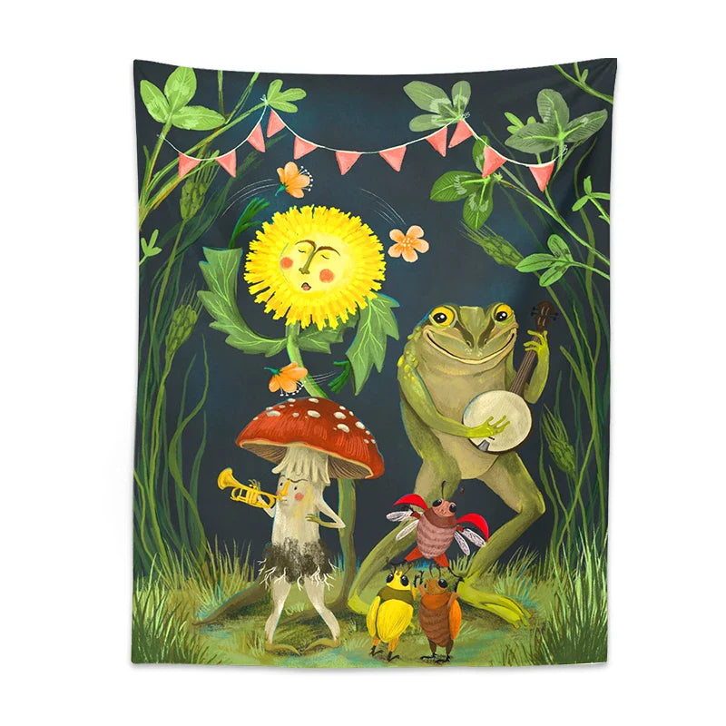 Frog Mushroom Tapestry Wall Hanging by Afralia™: Psychedelic Forest Animals Gathering Art Home Decor