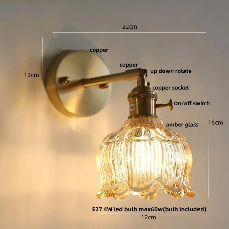 Afralia™ Copper Rotate LED Wall Light with Pull Chain Switch - Modern Glass Bedside Sconce