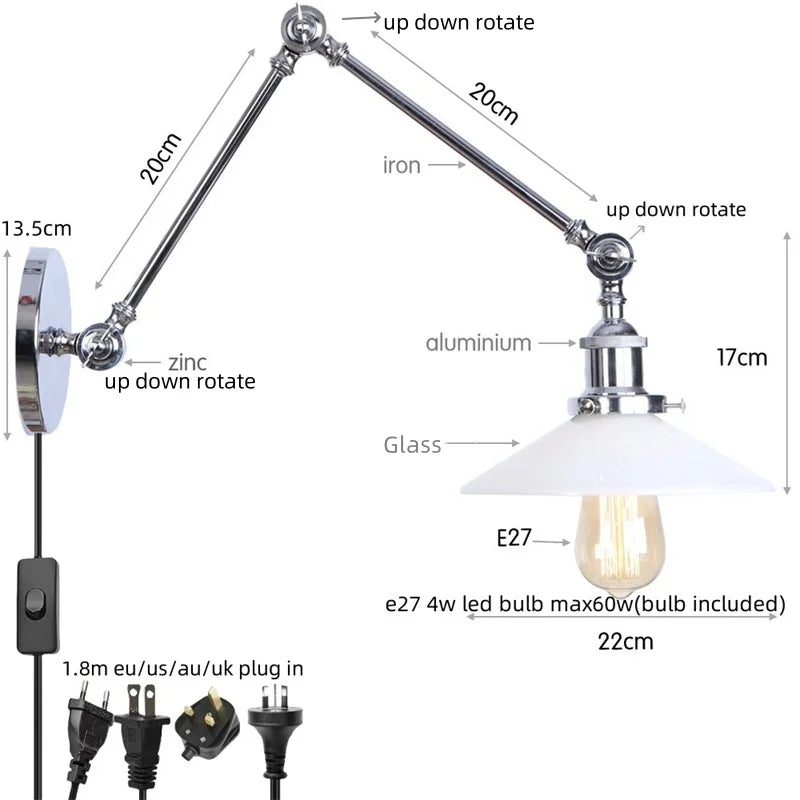 Afralia™ White Glass Swing Arm LED Wall Sconce for Industrial Loft, Coffee, Hallway