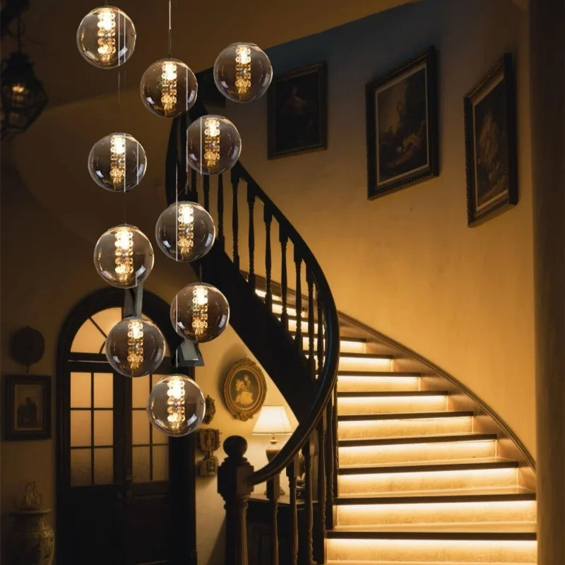 Afralia™ Modern Glass Ball Chandelier Spiral Light for Living Room, Staircase, Hotel, Villa