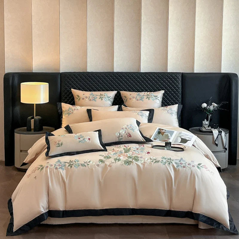 Luxury Flowers Embroidery Black Cotton Bedding Set by Afralia™ - 4Pcs